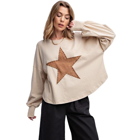 easel Tops - Suede Star Patch Jersey Top Drop Shoulder